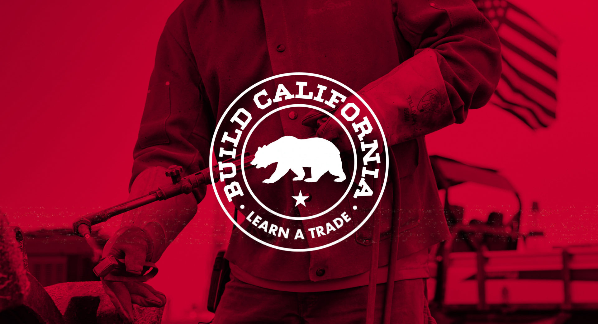 Build California seal logo overlaid on an image of a welder