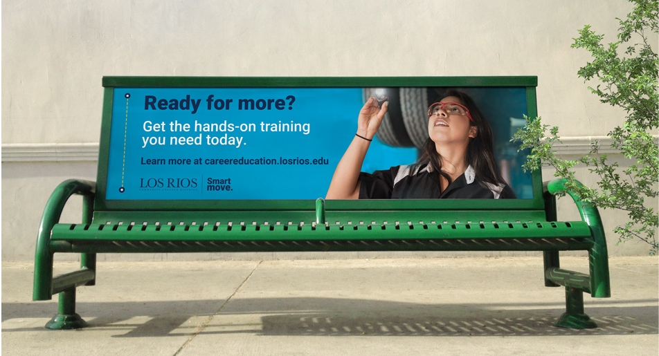 A bench ad for Los Rios Career Education campaign