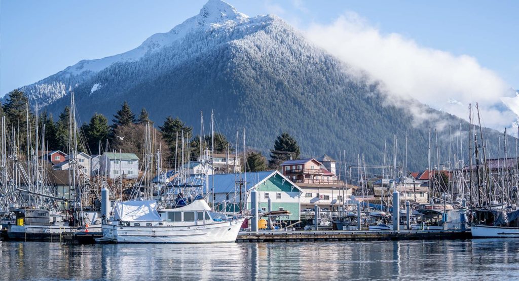 Landscape view of a harbor and mountain in Alaska