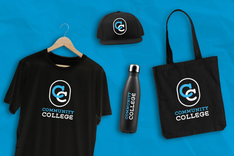 Tshirt, hat, water bottle and tote bag with community college logo